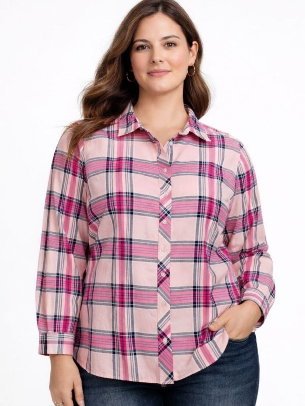 Talbots Womens Classic Cotton Shirt Button Front Pink Plaid Long Sleeve Size XL